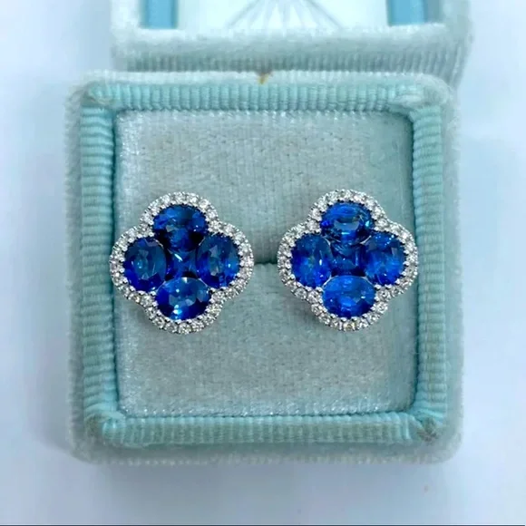 Sapphire and Diamond Earrings, Clover Sapphire Earrings, 13mm 18K White Gold - Picture 1 of 6